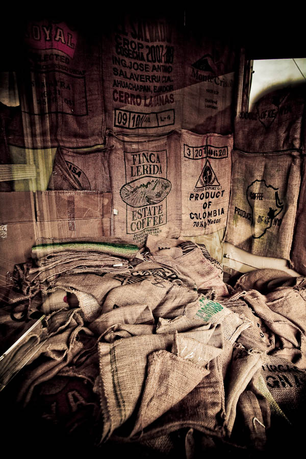 empty coffee bean bags at shop in bisbee