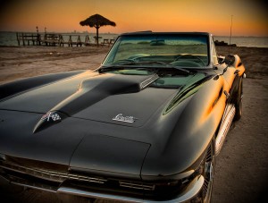 Black Corvette with Sunset