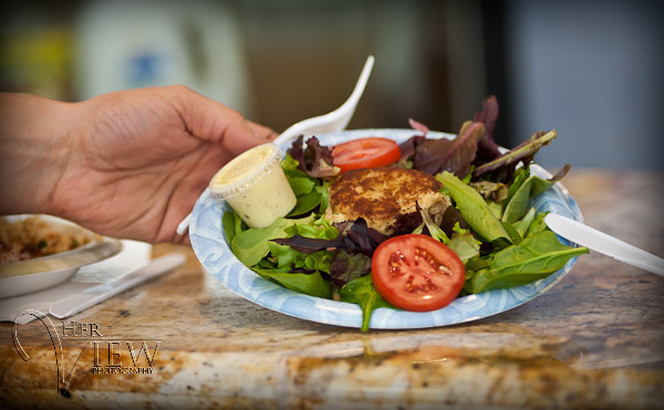 crab cakes and fresh organic greens